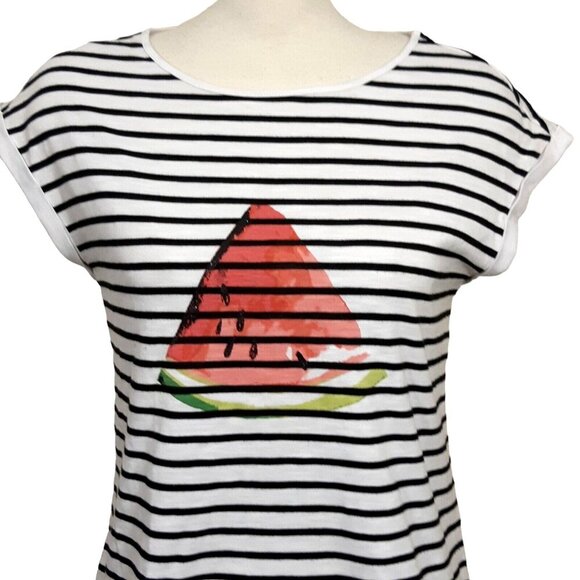 Rickis T Shirt Womens M Black White Striped Watermelon Graphic Tee Cap Sleeve - Picture 2 of 8